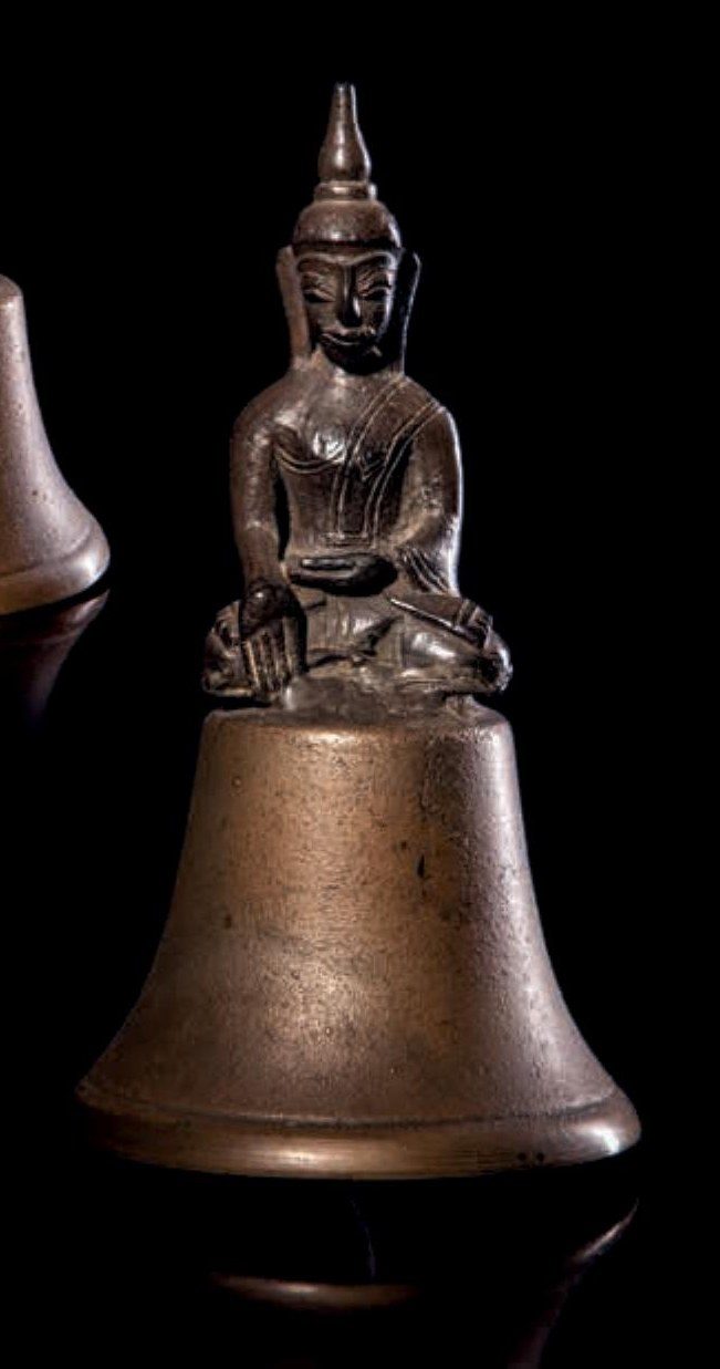 Meditating Buddha Mounted on an Antique Brass Bell — Burma, Tai Yai (Shan States)