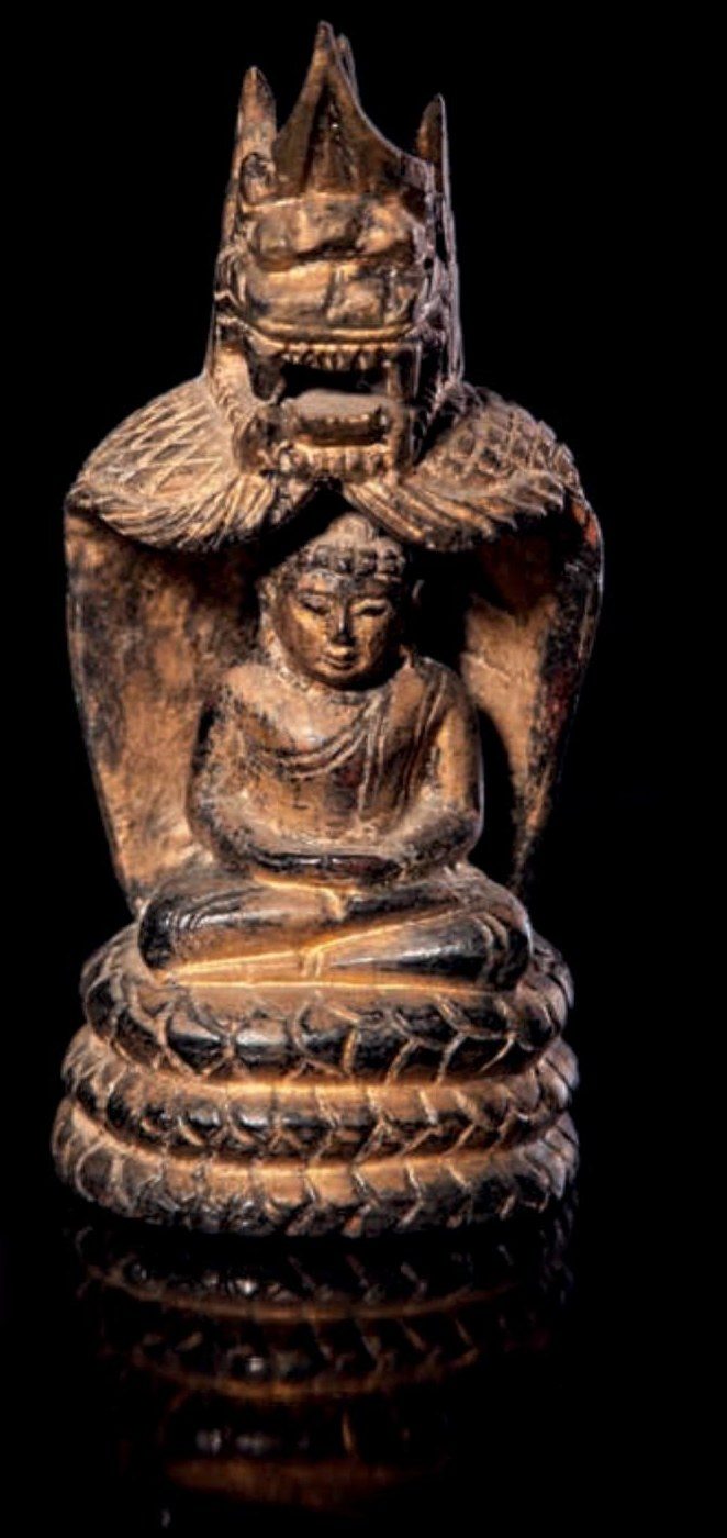 Lacquered and Gilded Wood Buddha Seated in a Naga Shrine — Burma, Tai Yai (Shan States)