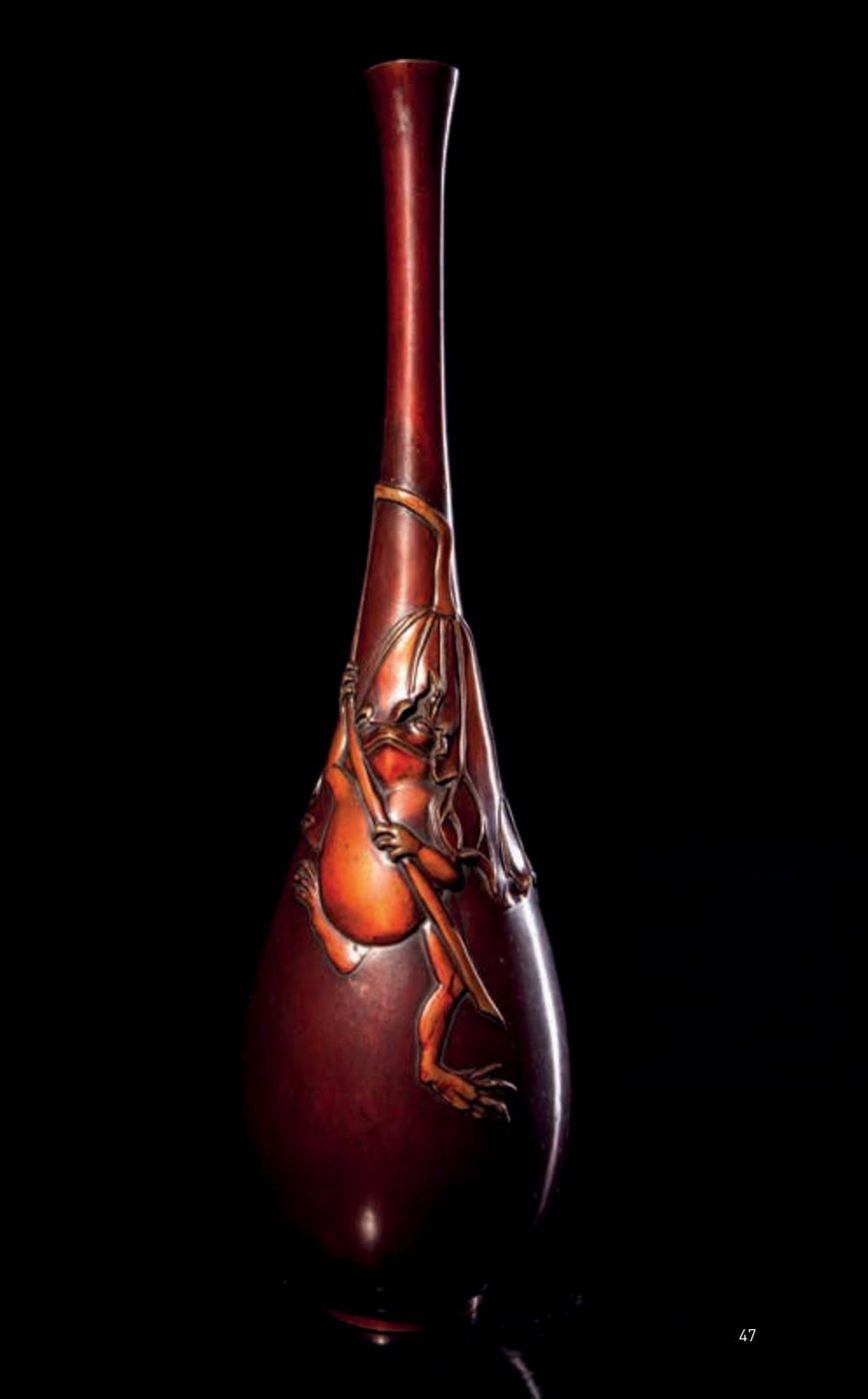 Meiji Bronze Vase with Frog in Relief — Japan