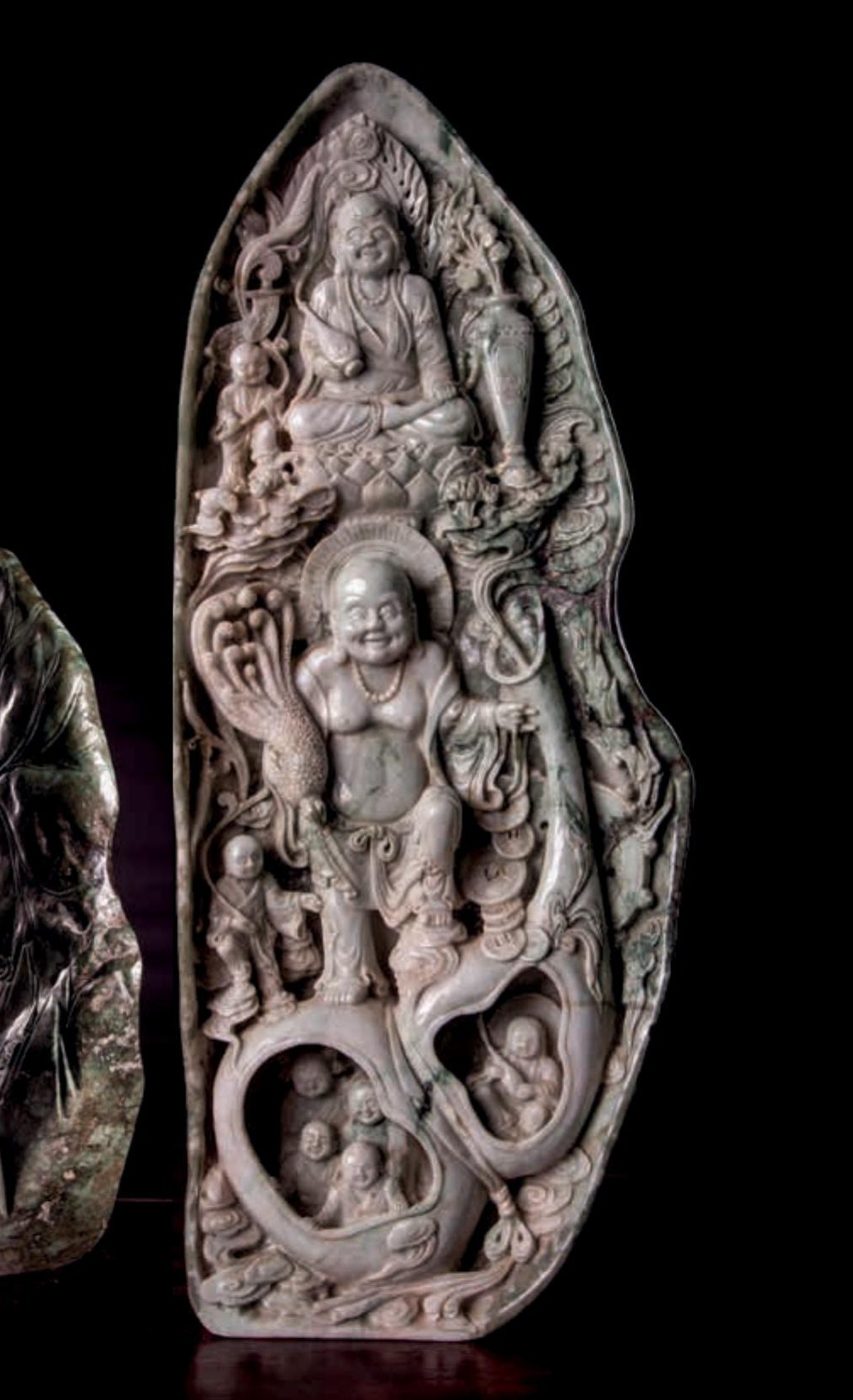 Vintage Hand-Carved Celadon Jade Statue with Laughing Buddha — China